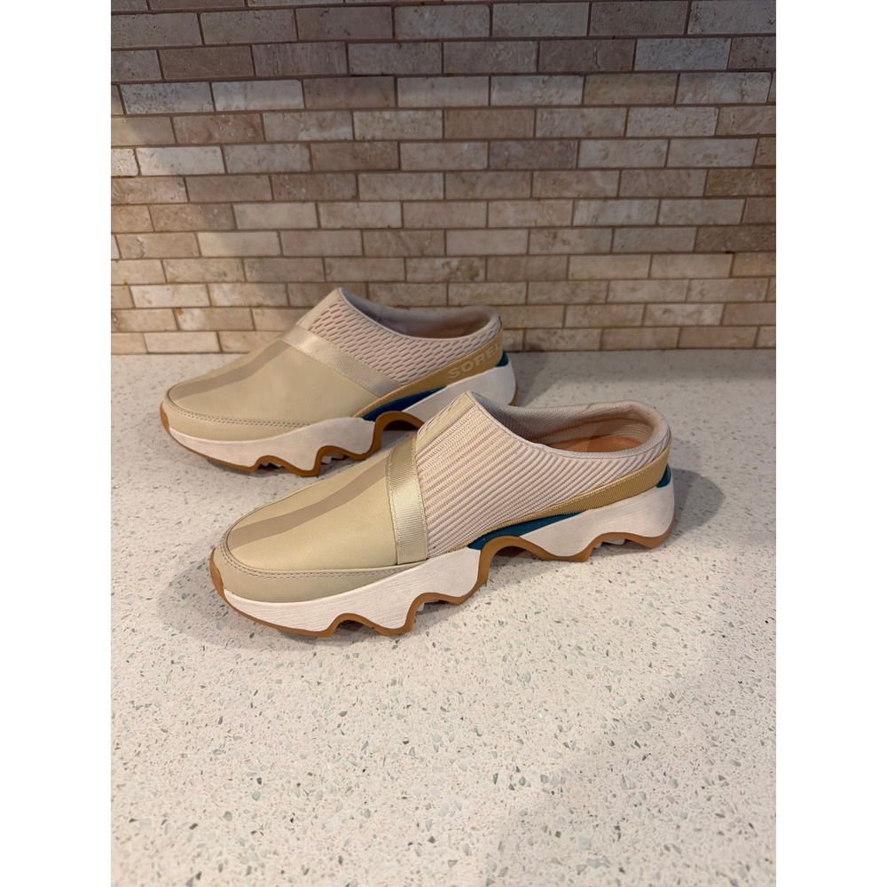 Sorel Beige and White Slip-On Sneakers with Blue Accent